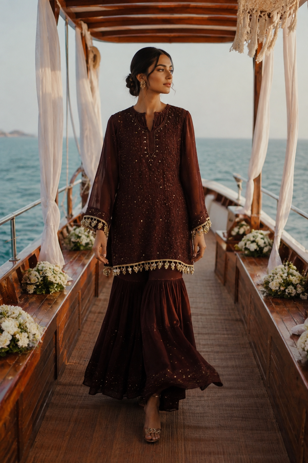 Chikankari-Meher Chocolate Brown Chikankari Mukaish Gharara Set with Dupatta