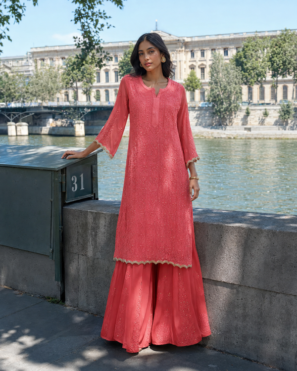 Chikankari Premium peach georgette  Mukaish long kurti gharara set with dupatta