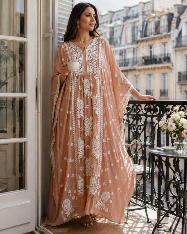 Premium Brown Ghas Patti Chikankari Crepe Kaftan | Handcrafted Lucknowi Style