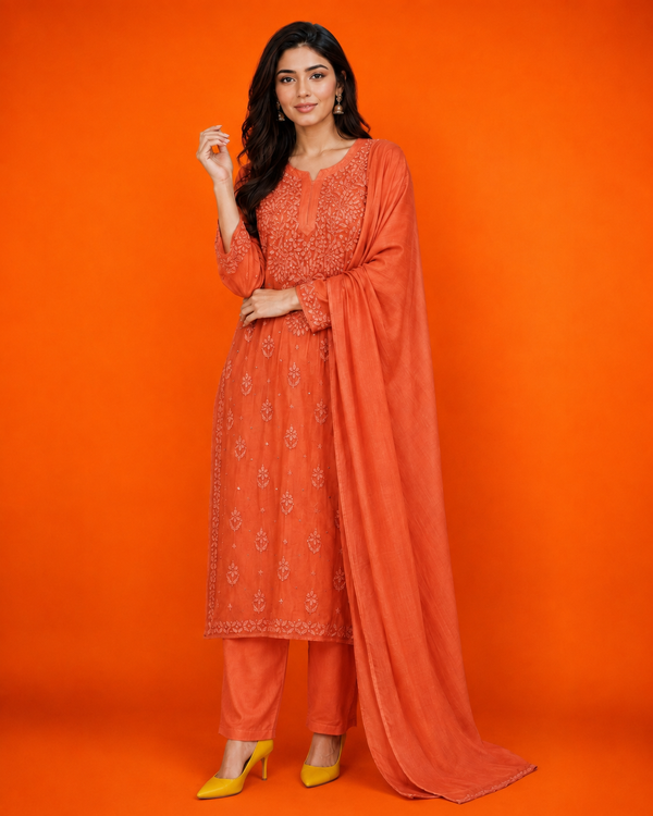 Premium Orange Chikankari Ghas Patti & Mukaish Georgette Suit Set with Slip & Dupatta | Festive Wear