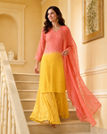 Chikankari Orange & Yellow Ombre Resham Jaal Georgette Kurti Sharara Set with Dupatta | Festive & Wedding Wear