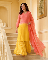 Chikankari Orange & Yellow Ombre Resham Jaal Georgette Kurti Sharara Set with Dupatta | Festive & Wedding Wear