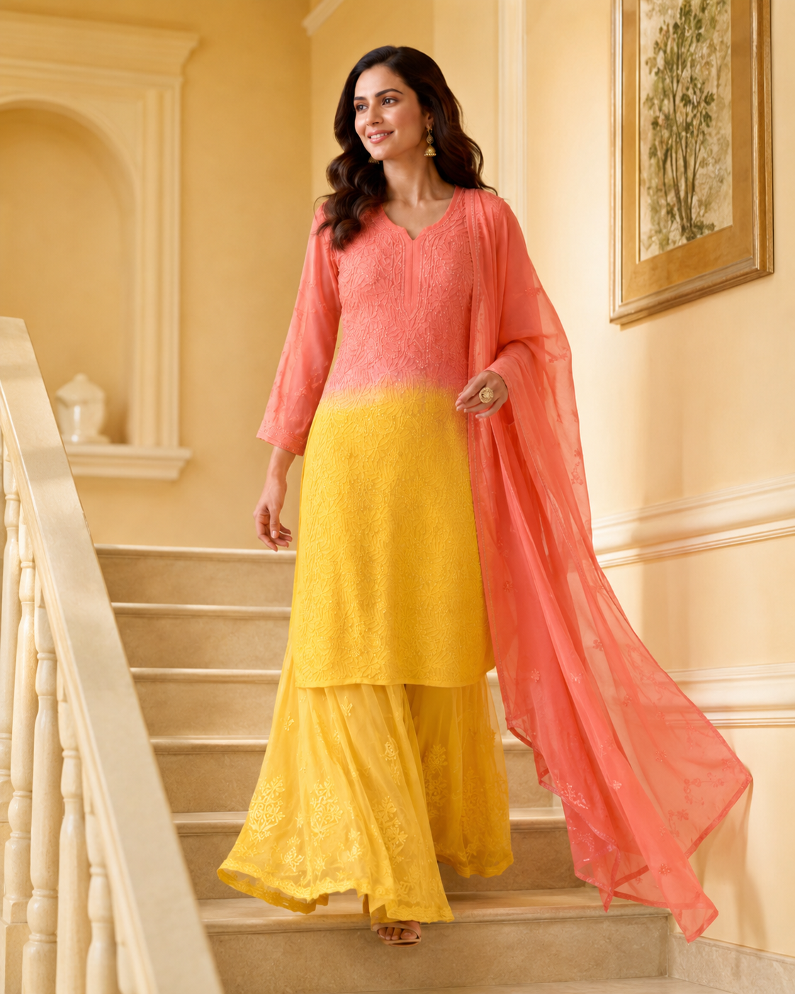 Chikankari Orange & Yellow Ombre Resham Jaal Georgette Kurti Sharara Set with Dupatta | Festive & Wedding Wear