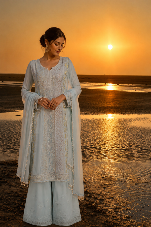 Lucknowi Party Wear-Premium Ice Blue Ombre Cutdana Chikankari Georgette Suit Set with Palazzo & Dupatta