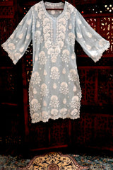 Ice Blue Handcrafted Lucknowi Ghas Patti Chikankari Kurta Palazzo Set with Phanda & Murri Work