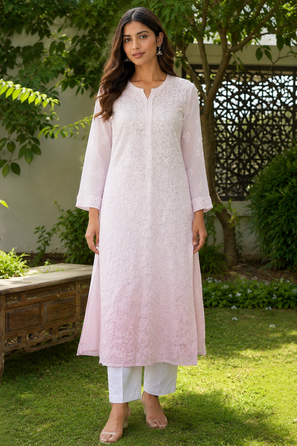 Chikankari-Handcrafted Lucknowi Resham Thread & Muqesh Work Georgette Kurti
