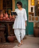 Ice Blue Lucknowi Ghas Patti Chikankari Short Frock Kurti with Afghani Bottom Set