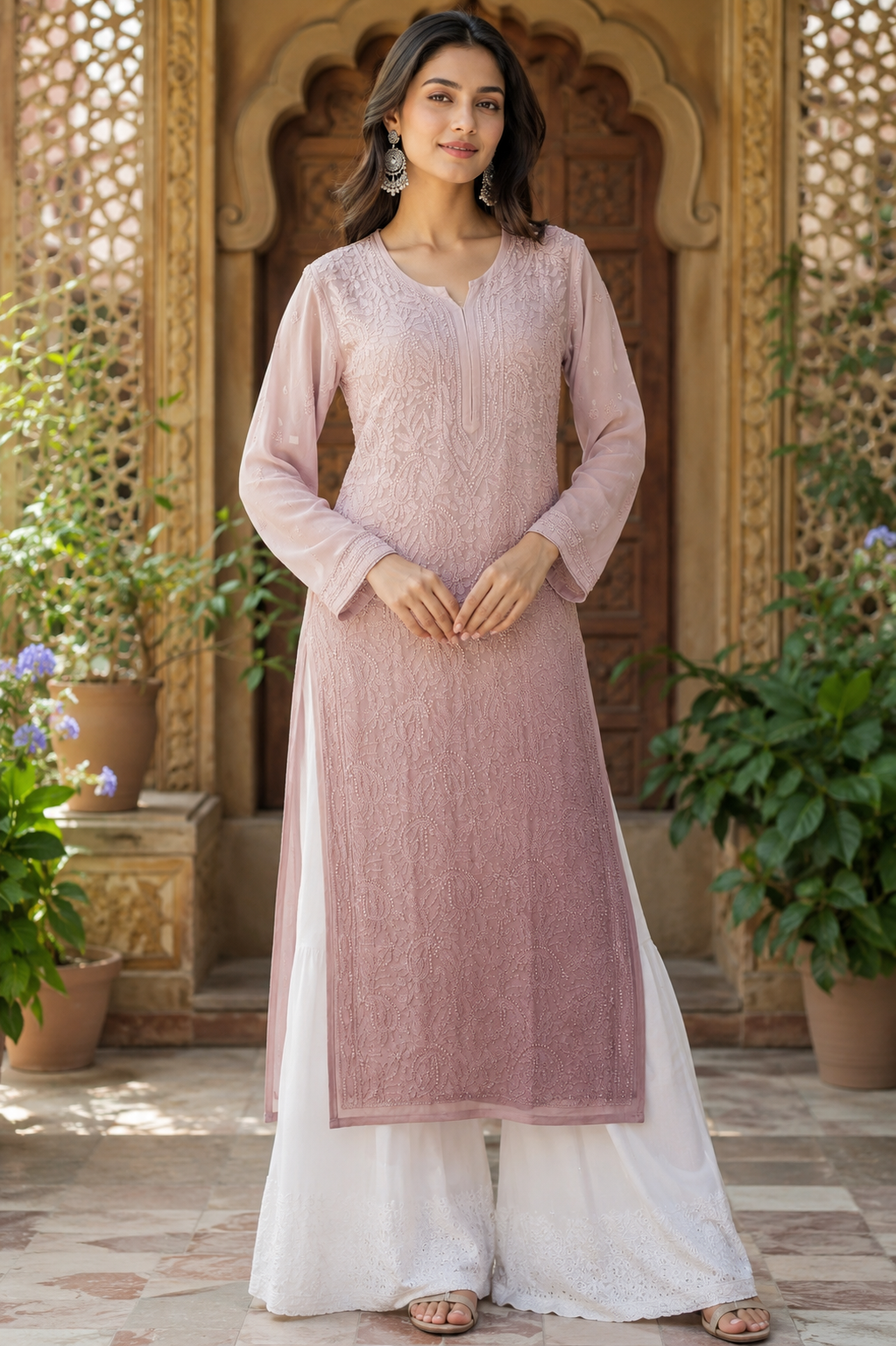 Chikankari Resham Thread Jaal Work Georgette Kurti From Lucknow– Handcrafted Ethnic Wear for Women