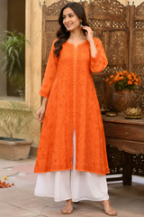 Premium Lucknowi Chikankari Chanderi Silk Kurti for Women | Handcrafted Ethnic Embroidered Kurti-Stitched