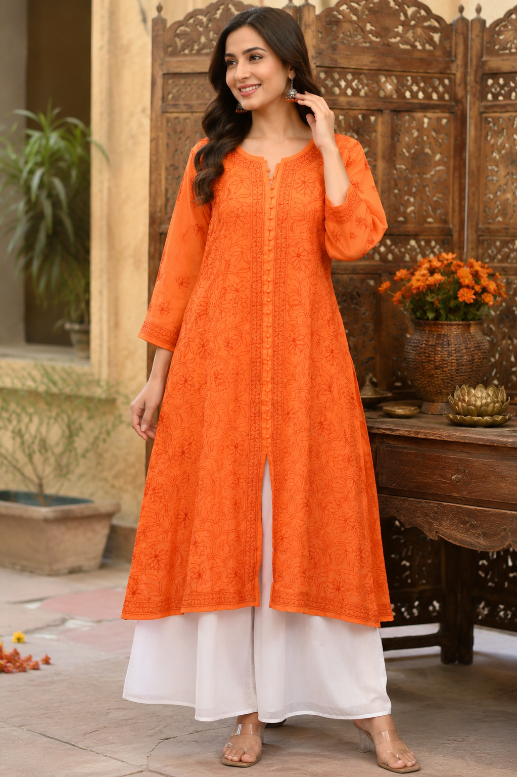 Premium Lucknowi Chikankari Chanderi Silk Kurti for Women | Handcrafted Ethnic Embroidered Kurti-Stitched