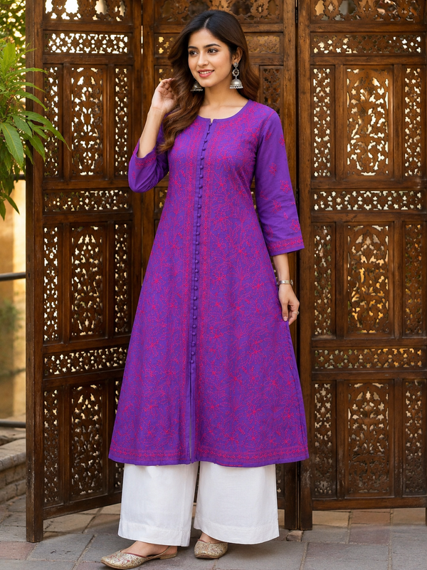 Premium Lucknowi Chikankari Chanderi Silk Kurti for Women | Handcrafted Ethnic Embroidered Kurti-Stitched
