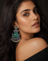 Antique Silver-Tone Brass Monalisa Stone Peacock Statement Earrings with Pearl Drops