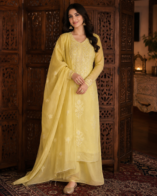 Handcrafted Lucknowi Chikankari Bead Work Yellow Mul Chanderi Unstitched A-Line Kurti with Dupatta for Women