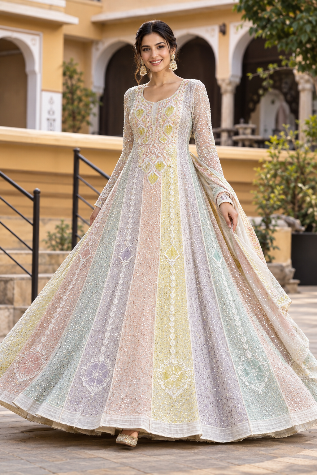Pastel Multi-Colour Chikankari Mul Chanderi Sequin Work Anarkali with Dupatta