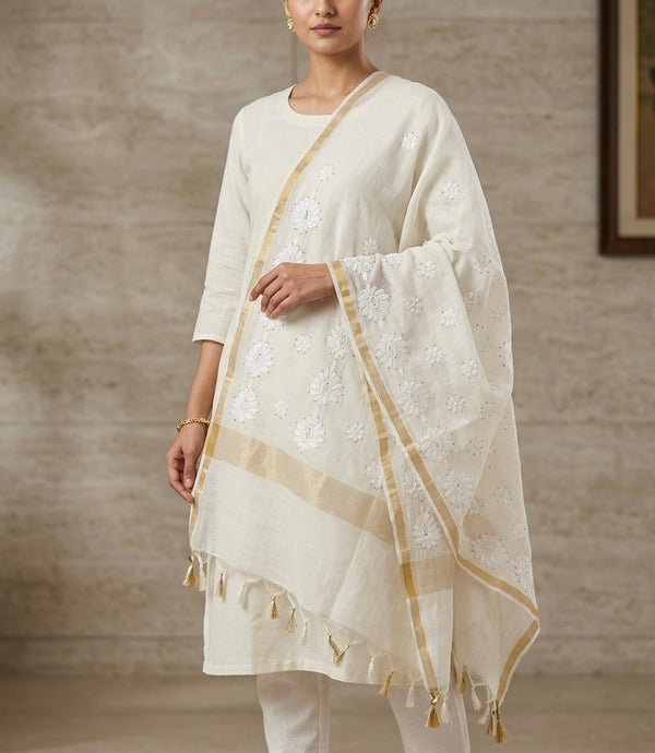 Chikankari Chanderi Heavy Embroidered Dupatta