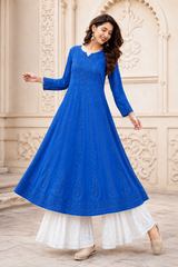 Chikankari Blue Georgette Anarkali Sharara Set
