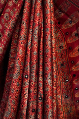 Ajrakh Red Mirror Work Saree – Natural Dye Handcrafted Saree from Kutch, Gujarat