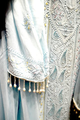 Lucknowi Party Wear-Premium Ice Blue Ombre Cutdana Chikankari Georgette Suit Set with Palazzo & Dupatta