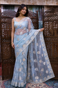 Chikankari Blue Organza Banarasi Zari Work Saree