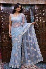 Chikankari Blue Organza Banarasi Zari Work Saree