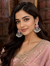Pink Silver Kashmiri Style Pearl Dangler Earrings