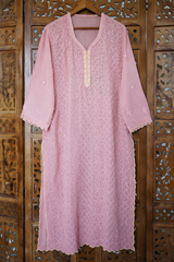 Chikankari Suit Set-Blue & Peach Gradient Viscose Georgette with Muqesh Work