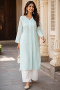 Chikankari Firozi Resham Jaal Kurti with Chikankari White Pant