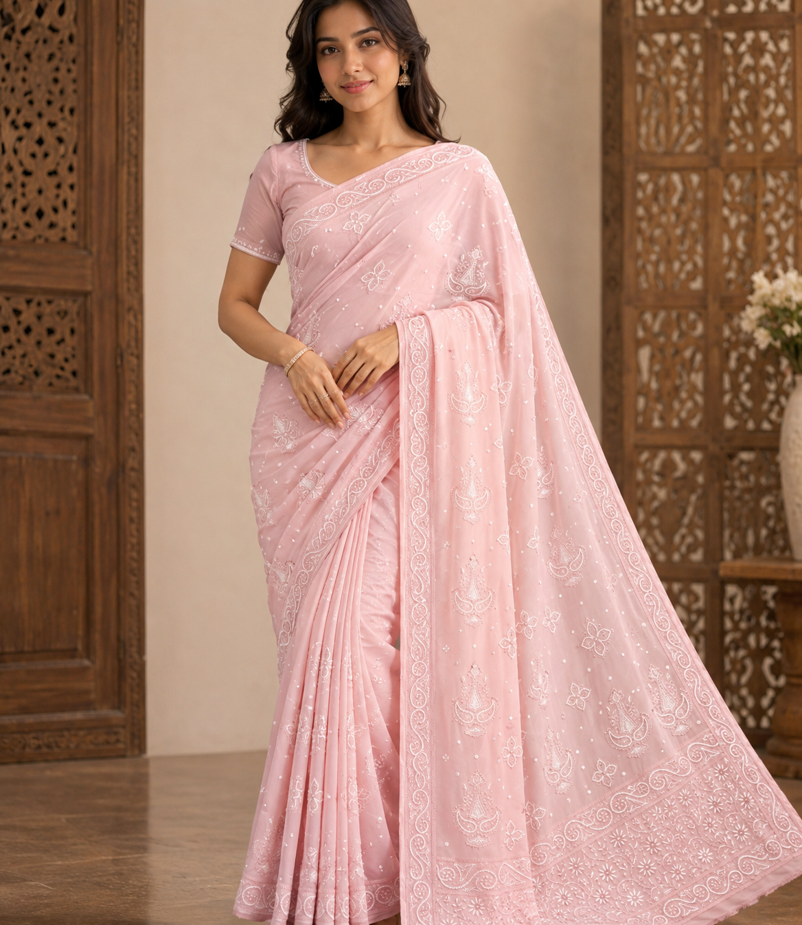 Chikankari Georgette Keel Jaal Saree with Cutdana & Bead Work