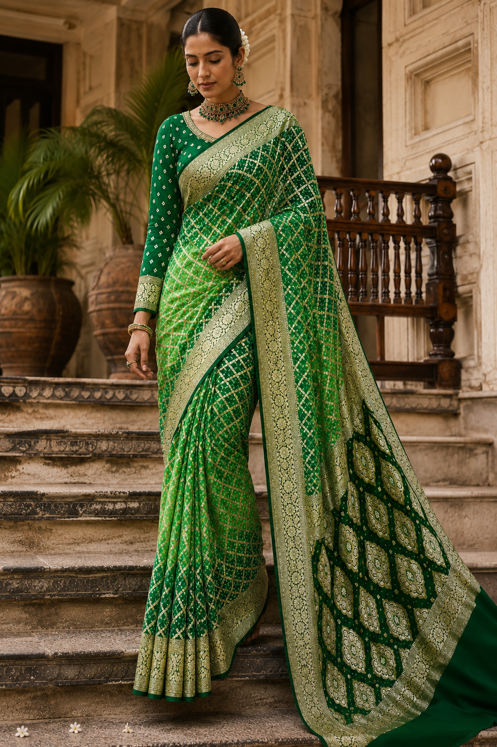 Green Bandhej Pure Georgette Saree – Jamnagar