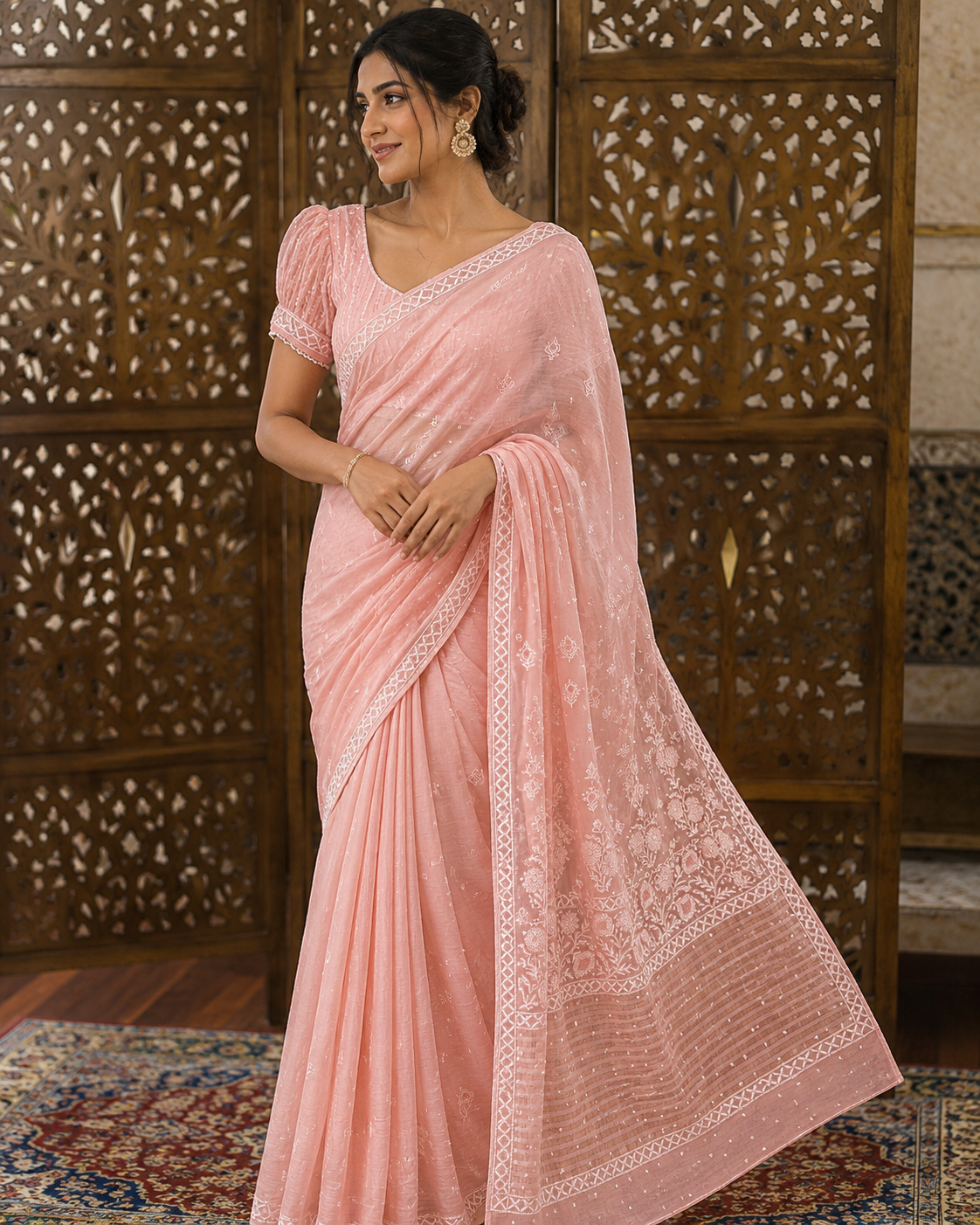 Chikankari Fine Mul Chanderi Saree with Kutdana, Bead & Keel Jaal Work