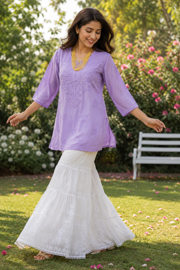 Chikankari Short Kurti with White Gharara – Elegant Ethnic Ensemble