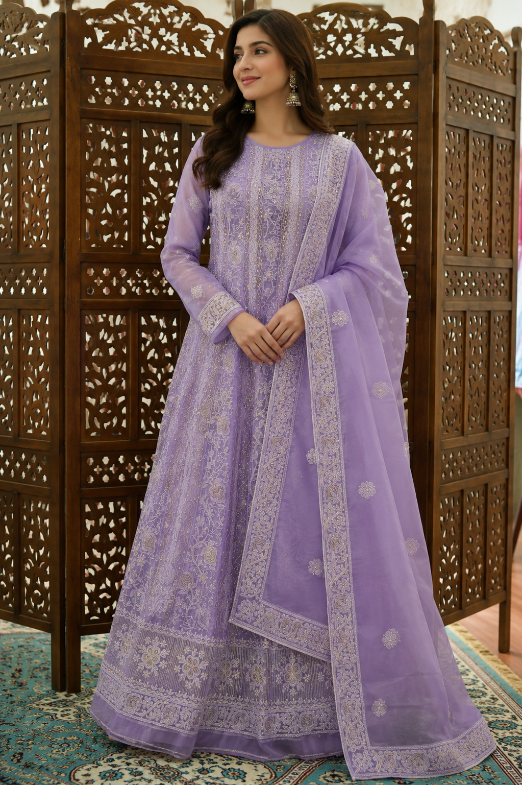 Purple Organza Cutdana Anarkali Suit with Dupatta