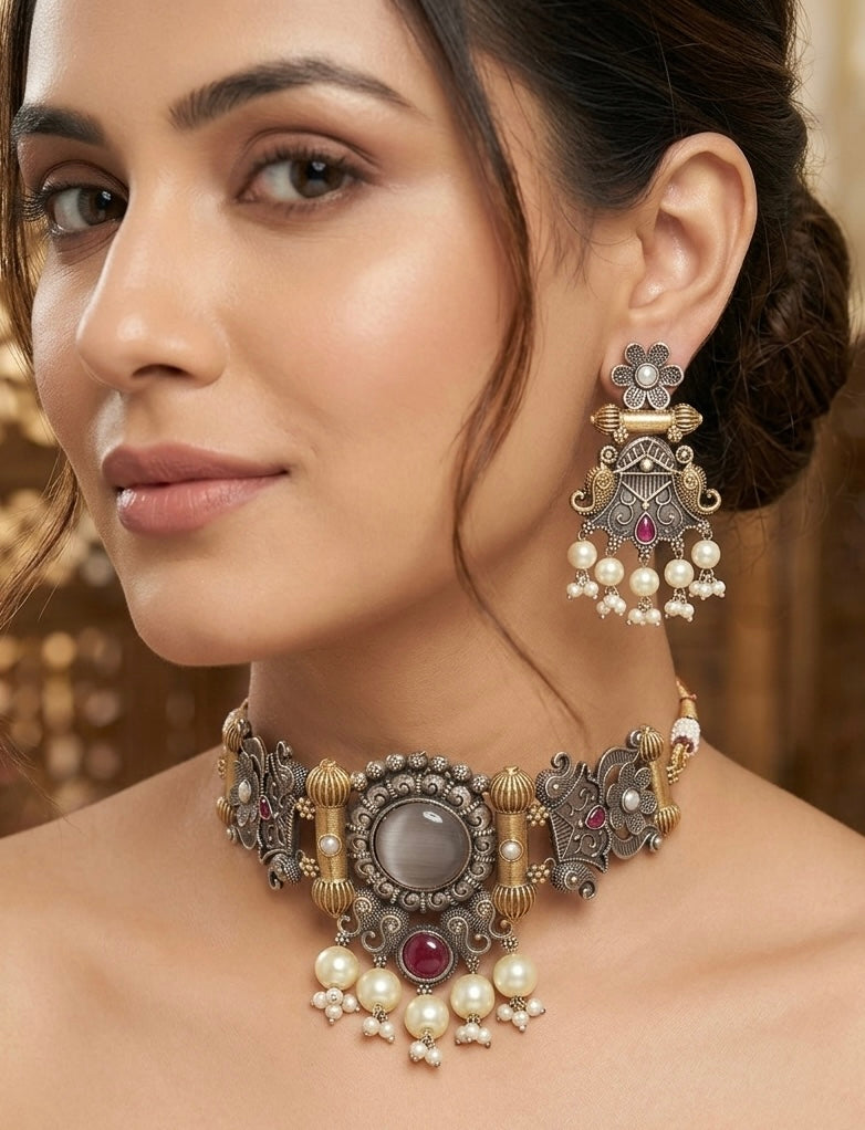 Two-Tone Vintage Pearl Choker Set