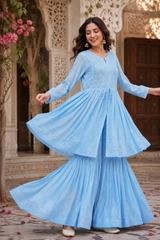 Chikankari Flared Frock style Anarkali Sharara Suit Set