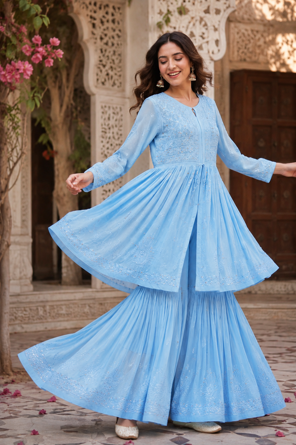 Chikankari Flared Frock style Anarkali Sharara Suit Set