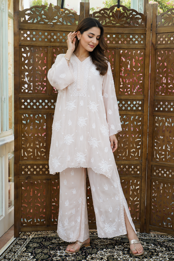 Crepe Arca Designer Peach Chikankari Co-ord Set