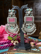Pink & Aqua Kashmiri Style Oxidized Dangler Earrings