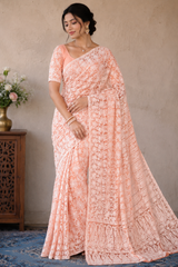 Chikankari Peach Viscose Georgette Keel Jaal Saree