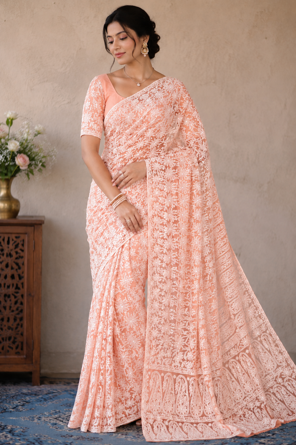 Chikankari Peach Viscose Georgette Keel Jaal Saree