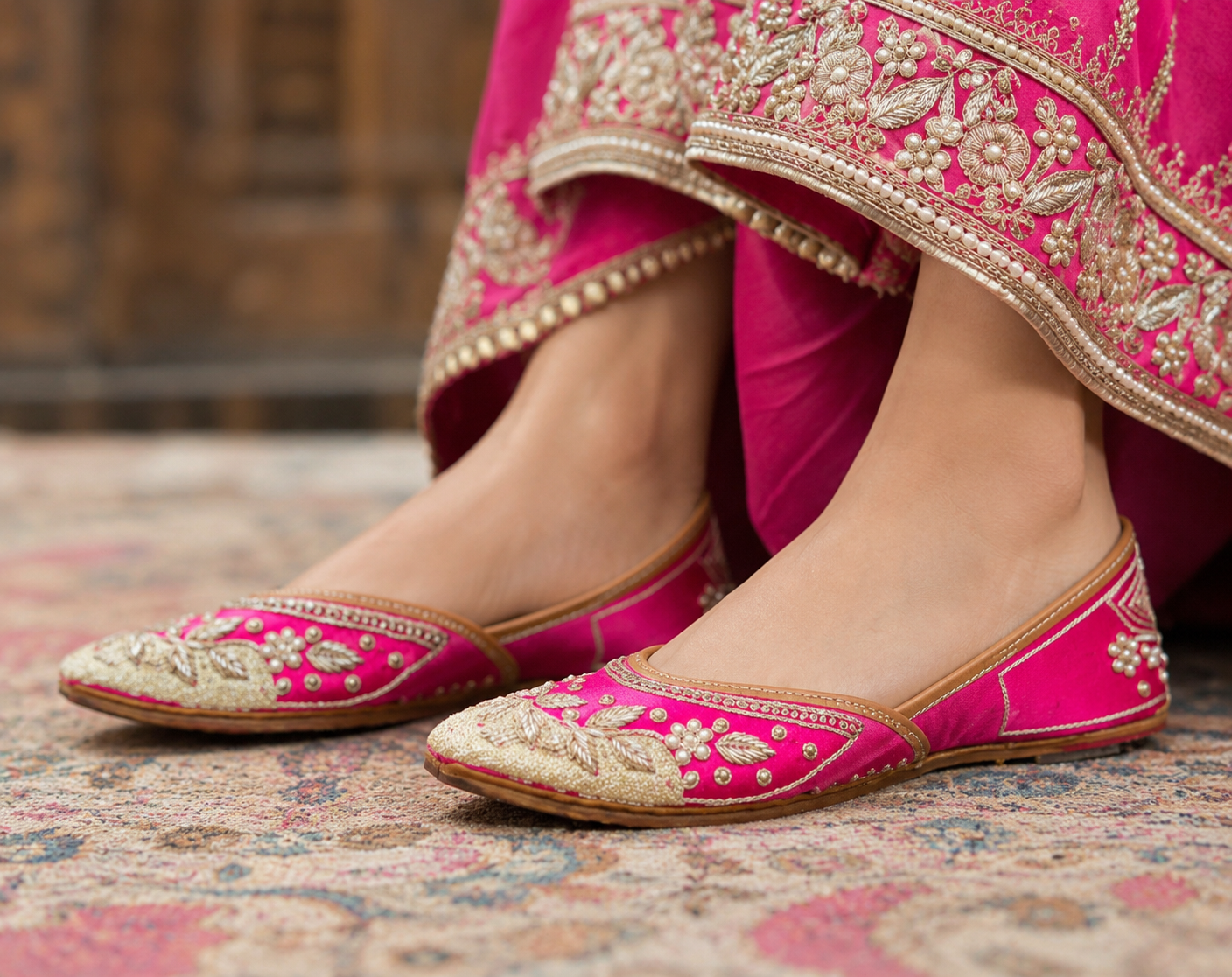 PInk Dabka Zardosi Punjabi Jutti – Pure Leather Handcrafted