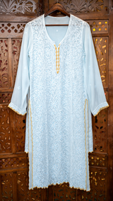Chikankari Suit Set-Blue & Peach Gradient Viscose Georgette with Muqesh Work