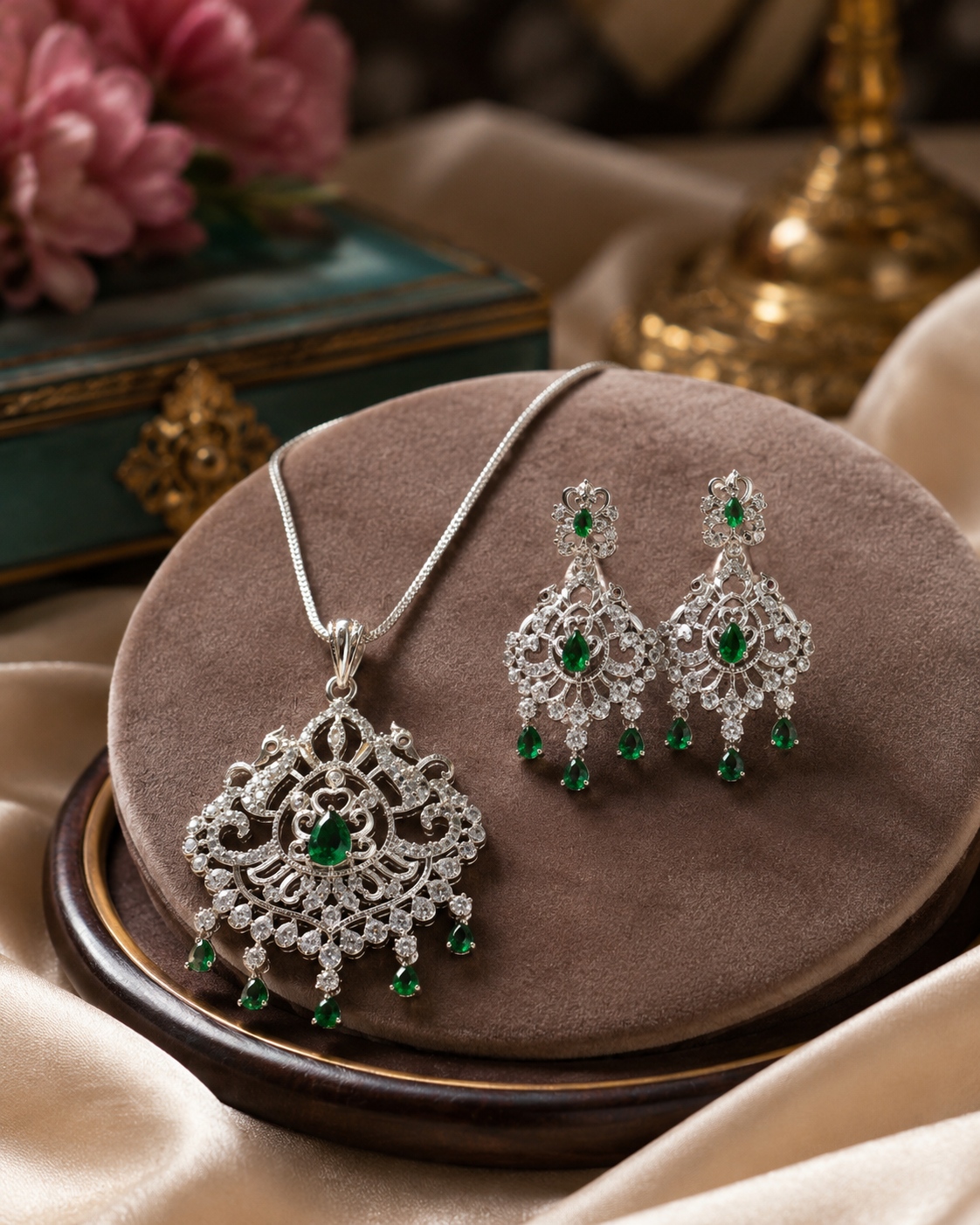 Emerald Green American Diamond Pendant Set