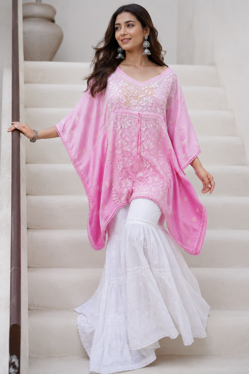 Chikankari Crepe Satin Pink Kaftan Gharara Set with Fine Embroidery Work