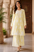 Chikankari Ghass Patti Work Crepe Silk Yellow Suit Set