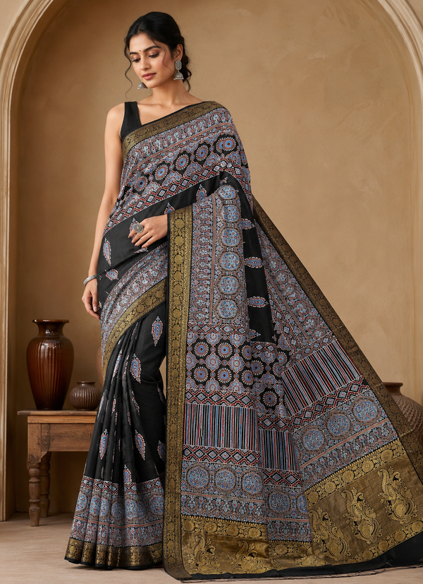 Ajrakh Modal Silk Natural Dye Banarasi Border Saree with Blouse Piece