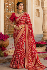 Red Bandhej Pure Gorgette Saree-Jamnagar