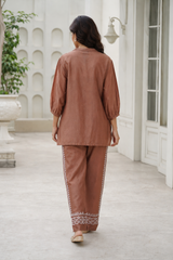 Handcrafted Lucknowi Chikankari Mukaish Work Brown Mul Chanderi Unstitched Co-ord Set for Women