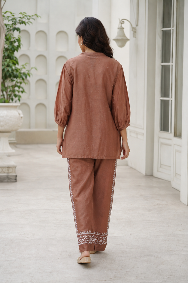 Handcrafted Lucknowi Chikankari Mukaish Work Brown Mul Chanderi Unstitched Co-ord Set for Women