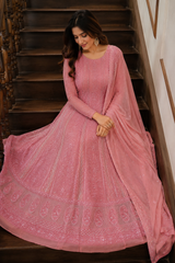 Handcrafted Lucknowi Chikankari Heavy Multi Cutdana Work Peach Georgette Semi-Stitched Anarkali Suit with Dupatta