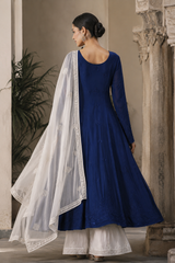 Lucknowi Navy Blue Chikankari Resham Jaal Georgette Anarkali with White Sharara